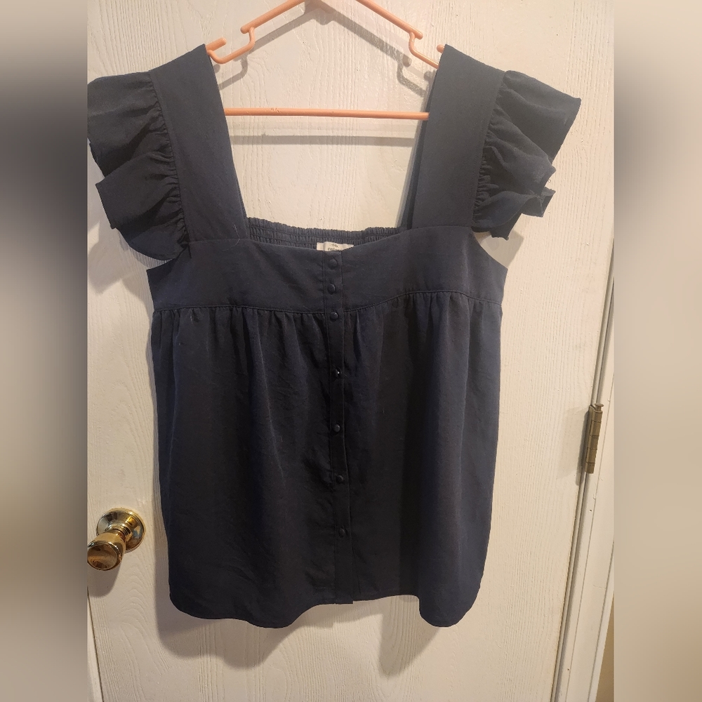 entro Navy Ruffle Sleeve Square Neck Top